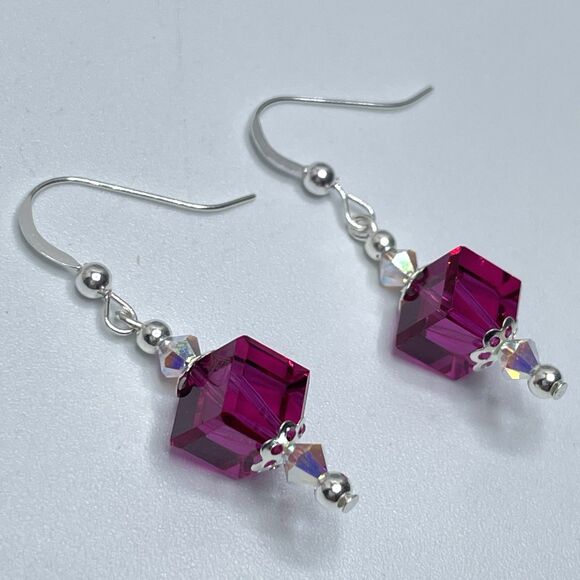 Sterling Silver Made With Swarovski Crystals Magenta AB White Beaded Earrings - Picture 2 of 5